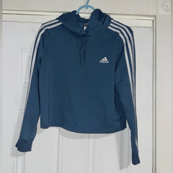 adidas Tops - adidas Blue crop Hoodie with White Stripes
